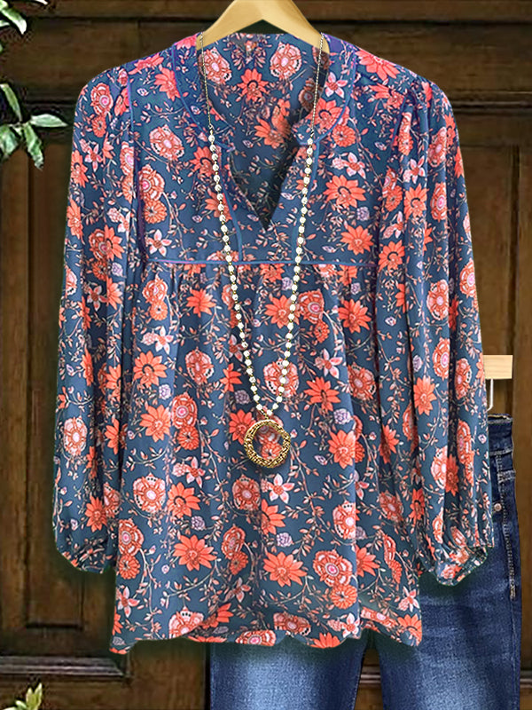 Ethnic Retro Floral Casual Blouse