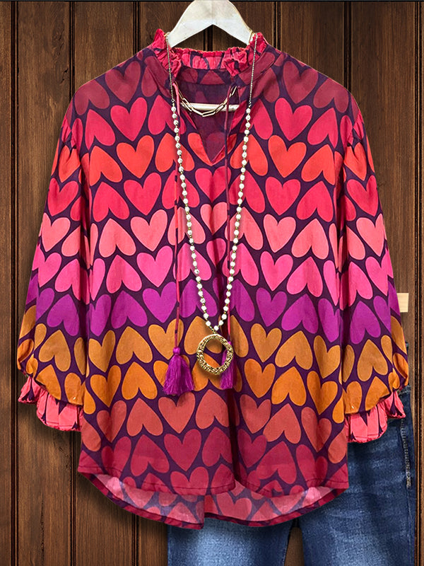 Colorful Heart Print Ruffle Blouse