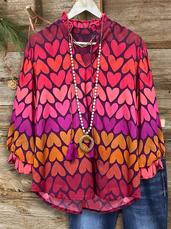 Colorful Heart Print Ruffle Blouse