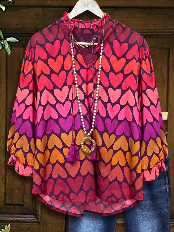 Colorful Heart Print Ruffle Blouse