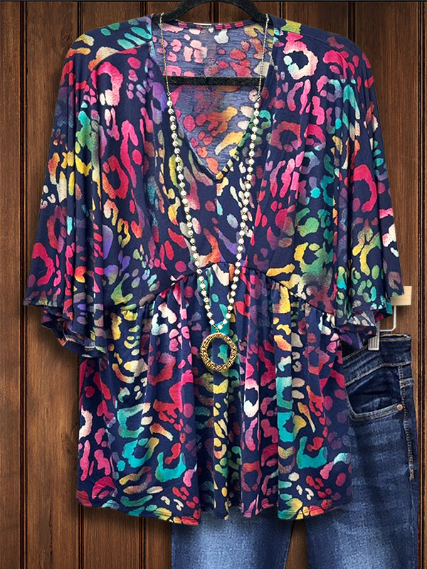 Colorful Leopard Print Dolman Sleeve Blouse