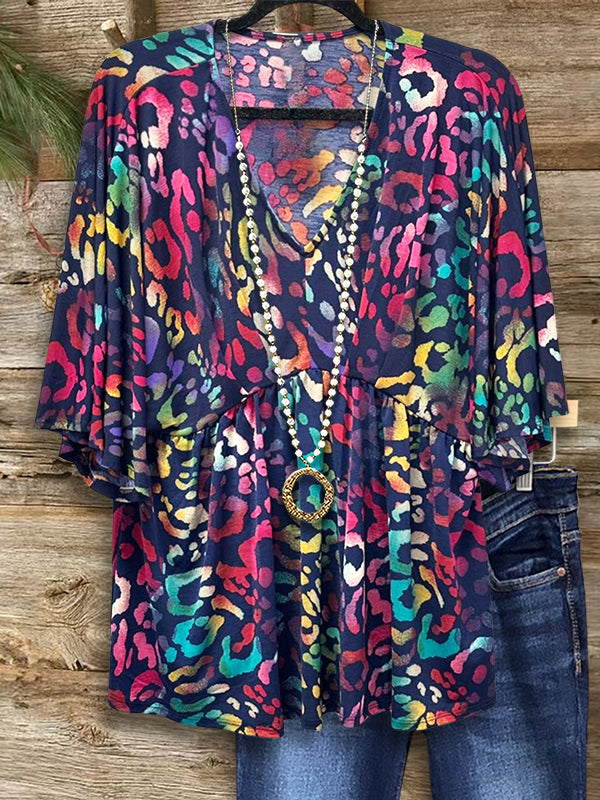 Colorful Leopard Print Dolman Sleeve Blouse