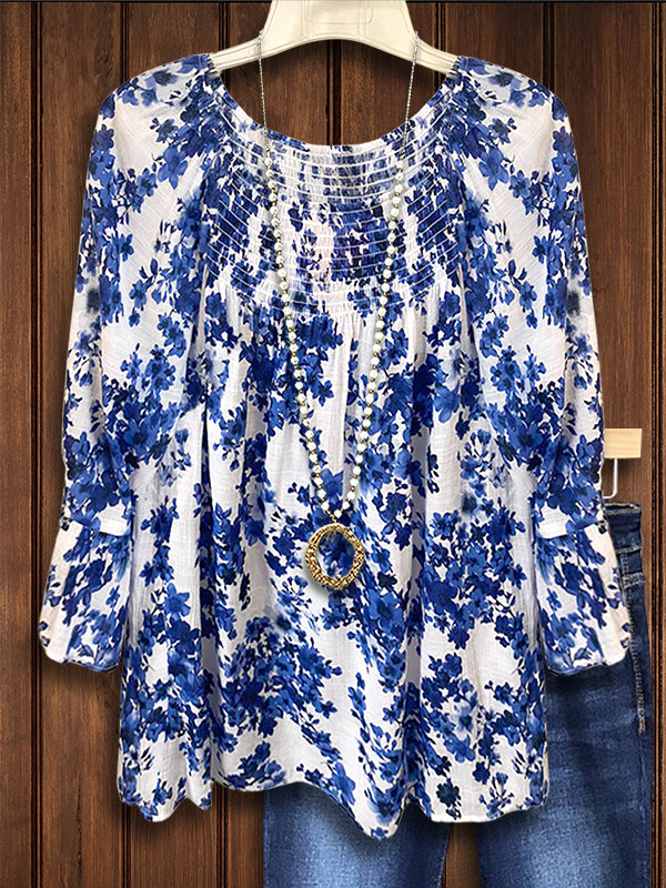 Classic Blue Floral Print Ruffled Blouse