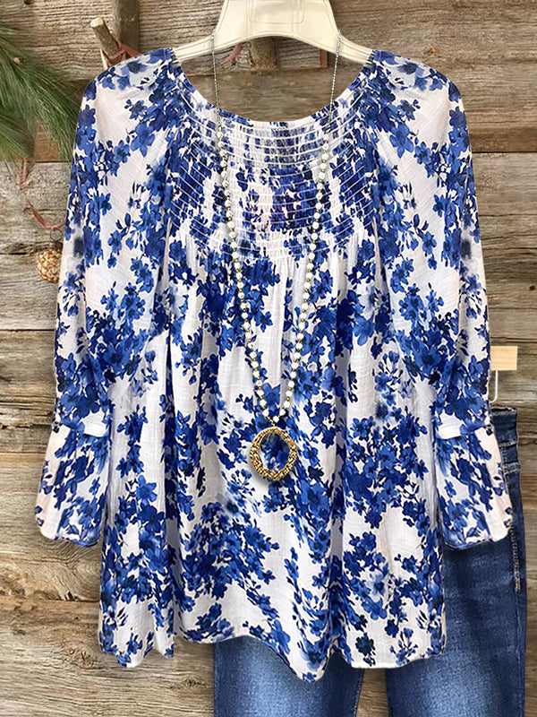 Classic Blue Floral Print Ruffled Blouse