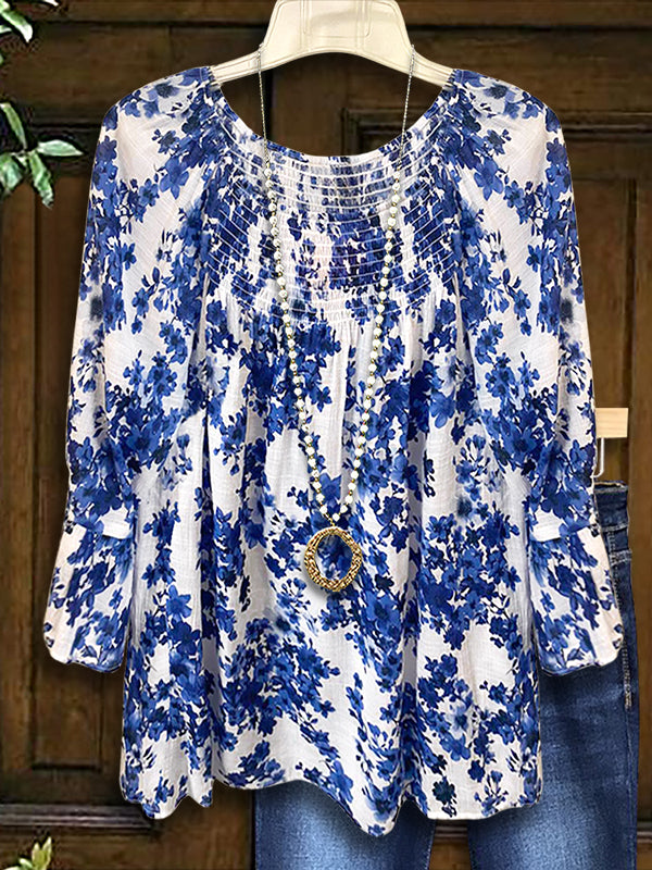 Classic Blue Floral Print Ruffled Blouse