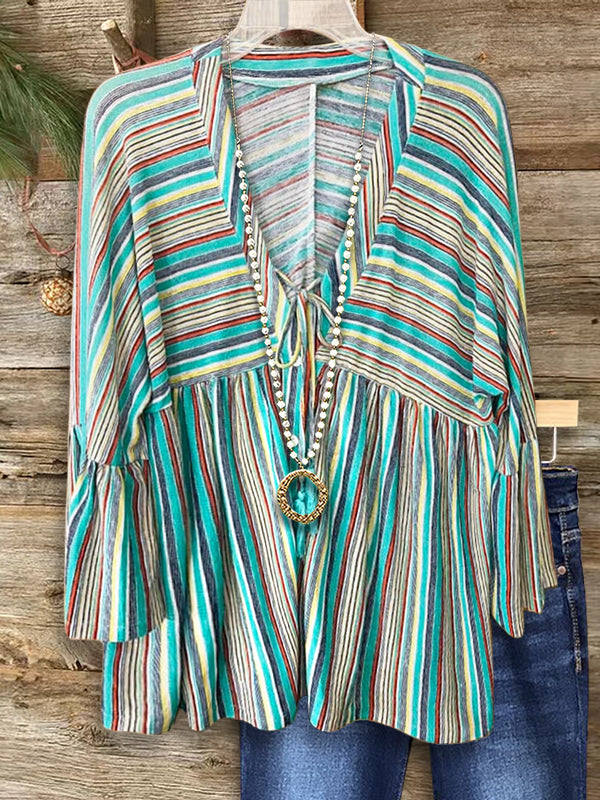 Vintage Striped Ruffle Sleeve Blouse