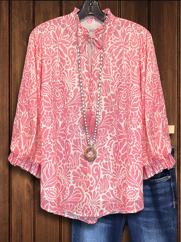 Artistic Floral Print Ruffled Blouse