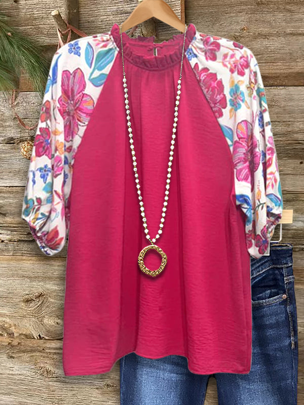 Floral Paneled Ruffled Casual Blouse