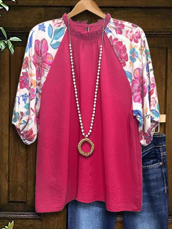 Floral Paneled Ruffled Casual Blouse