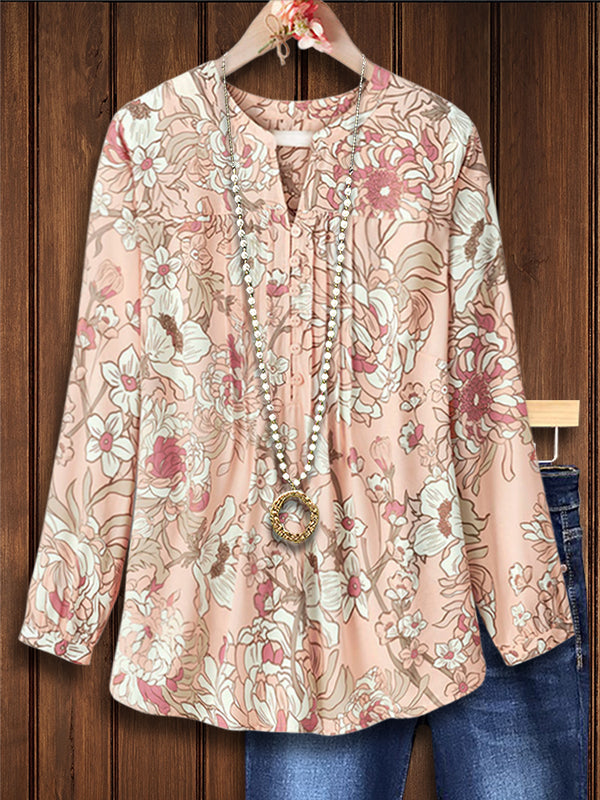 Romantic Natural Floral Print Pleated Blouse