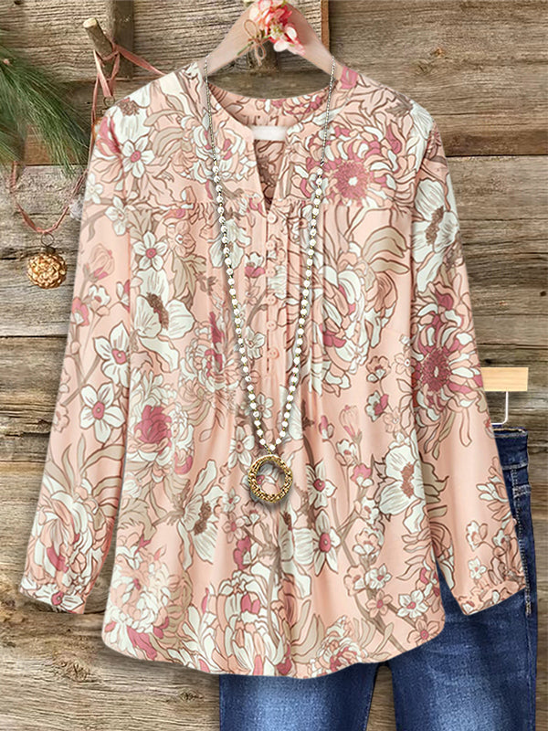 Romantic Natural Floral Print Pleated Blouse