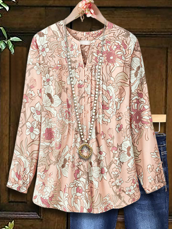 Romantic Natural Floral Print Pleated Blouse