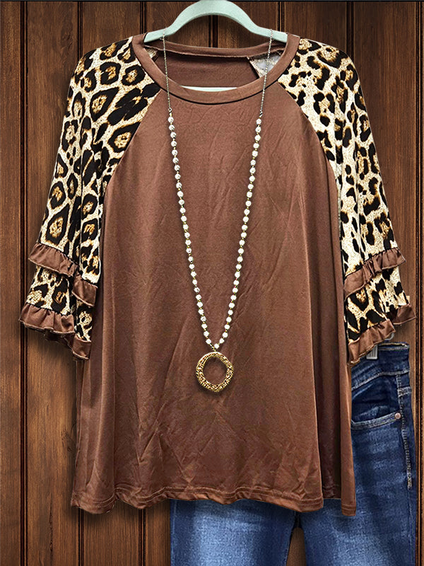 Leopard Print Patchwork Ruffled Blouse