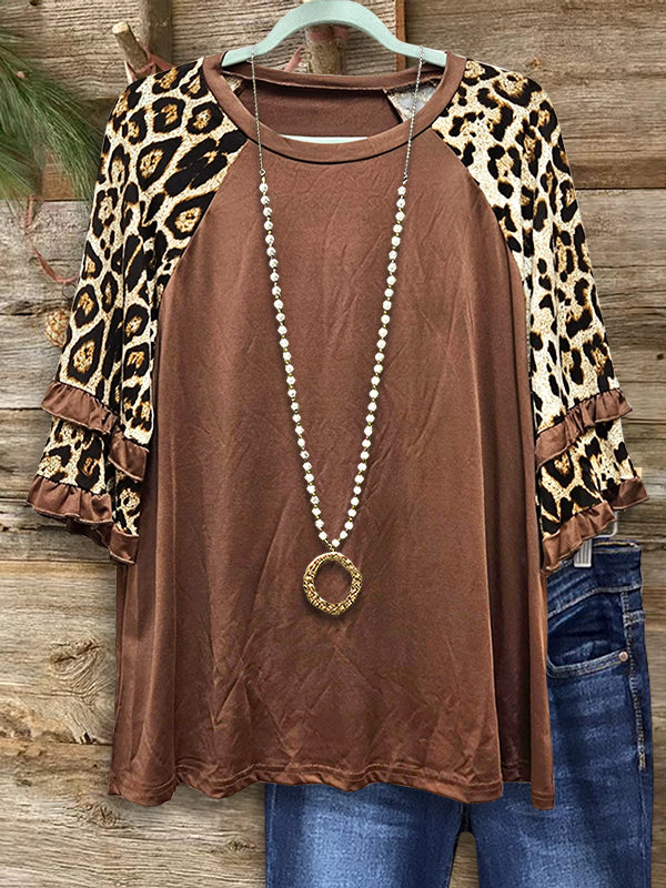 Leopard Print Patchwork Ruffled Blouse