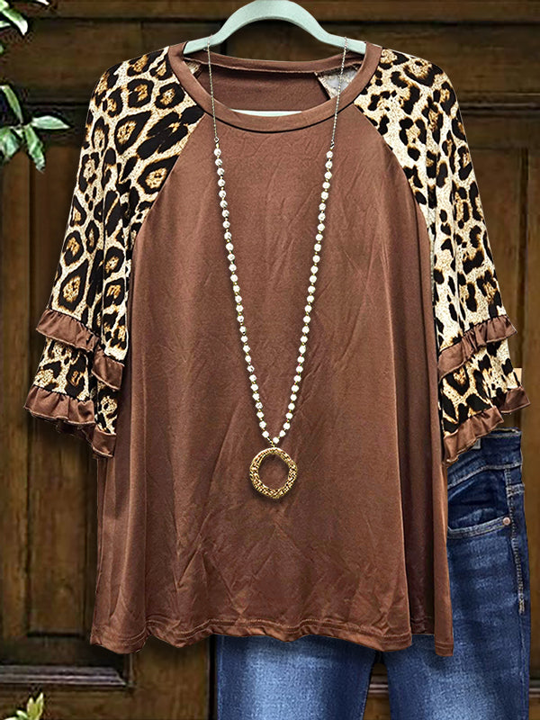 Leopard Print Patchwork Ruffled Blouse