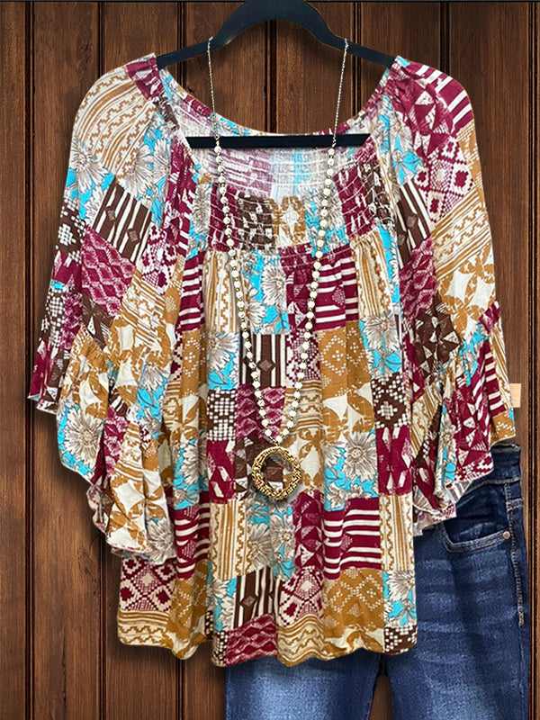 Ethnic Patchwork Printed Ruffled Blouse