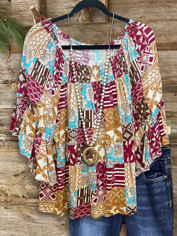 Ethnic Patchwork Printed Ruffled Blouse