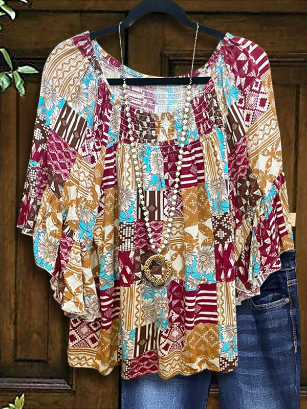 Ethnic Patchwork Printed Ruffled Blouse