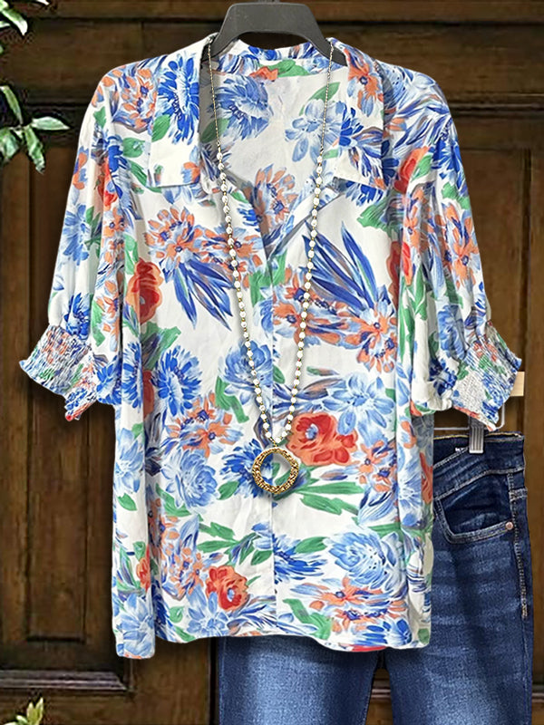 Hand-Painted Natural Floral Casual Blouse