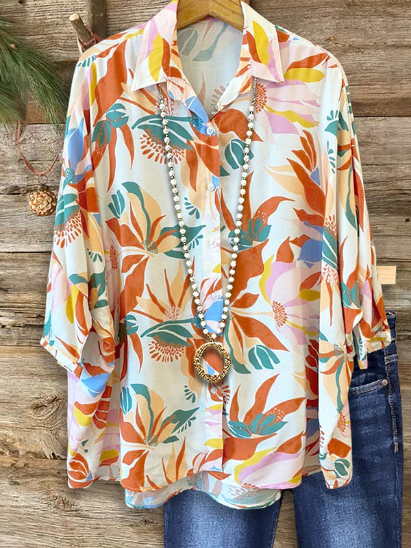 Artistic Colorful Floral Print Casual Blouse