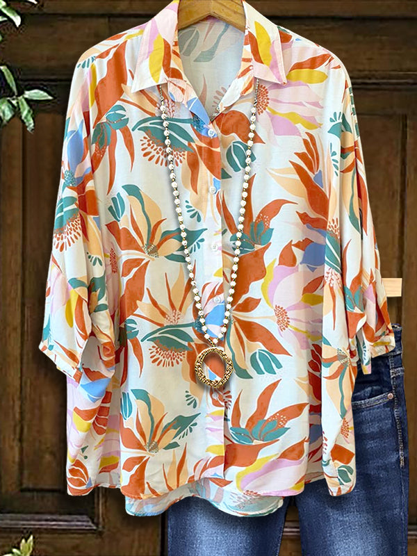 Artistic Colorful Floral Print Casual Blouse