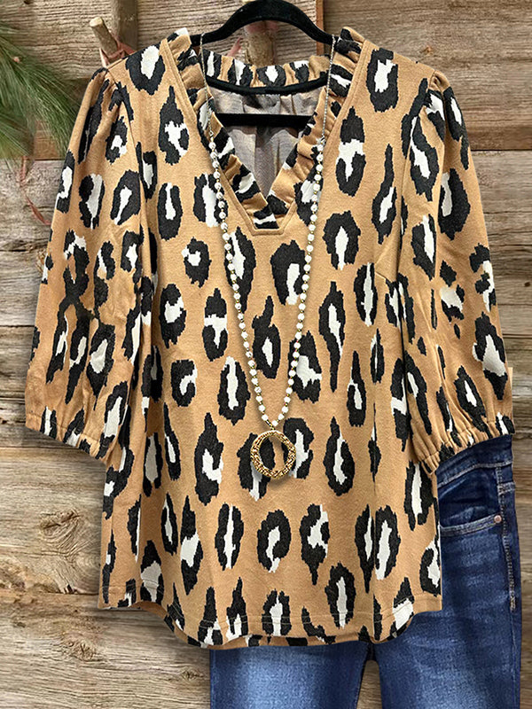 Vintage Leopard Print Ruffled Blouse