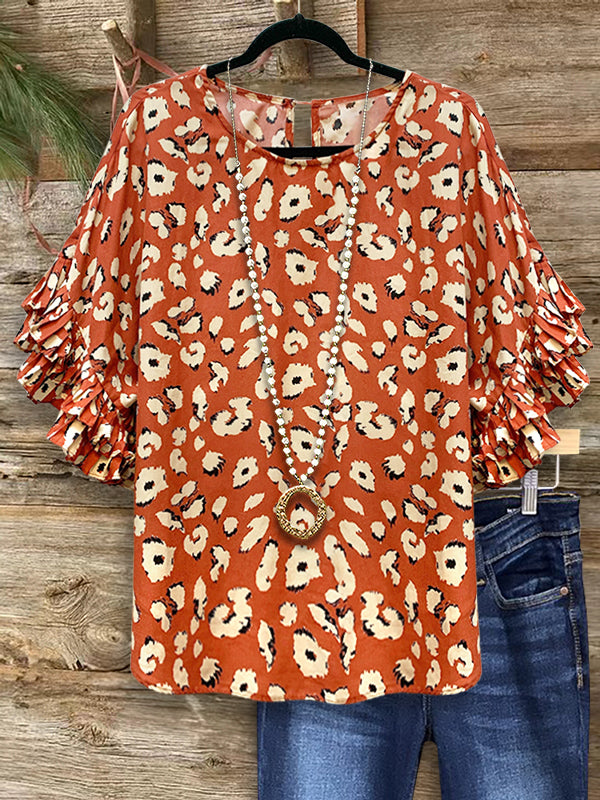 Leopard Print Pleated Ruffle Fashion Blouse