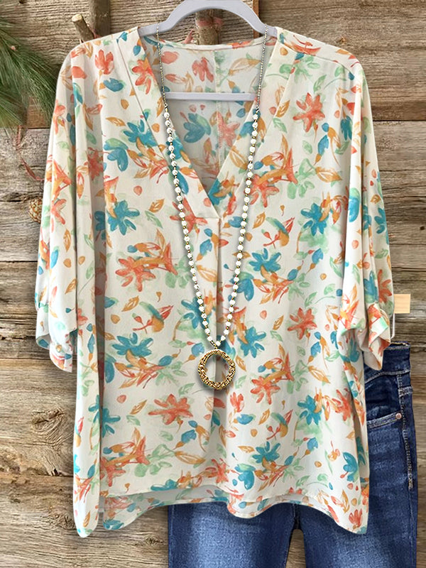 Fresh Leaf Print Casual Blouse