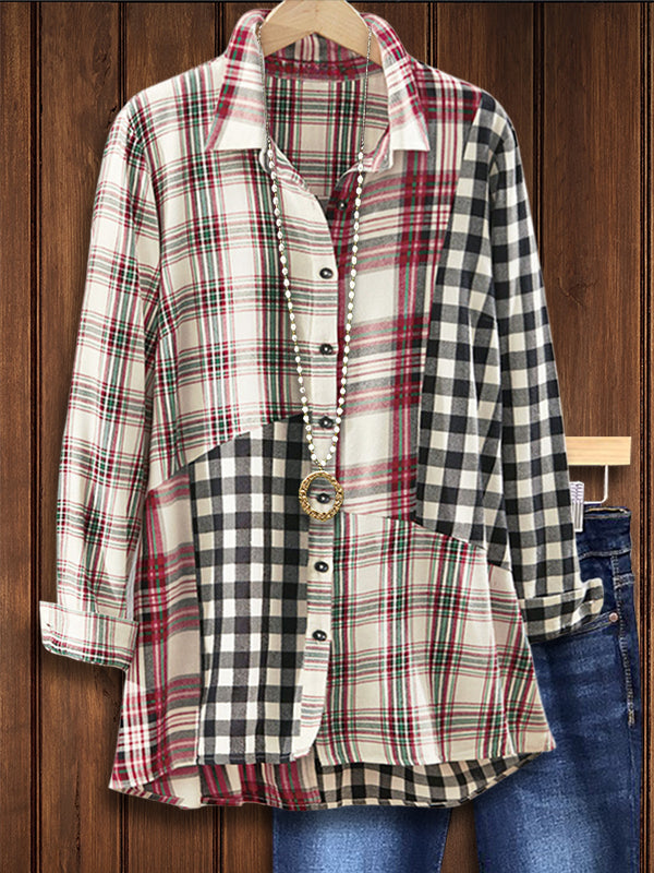 Contrast Plaid Patchwork Casual Blouse