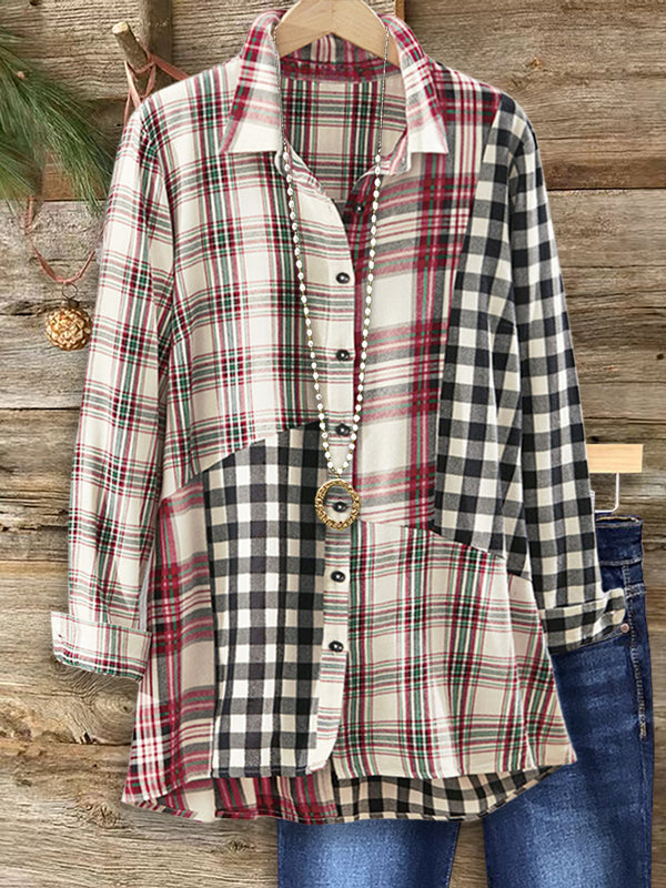 Contrast Plaid Patchwork Casual Blouse