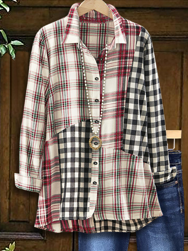 Contrast Plaid Patchwork Casual Blouse