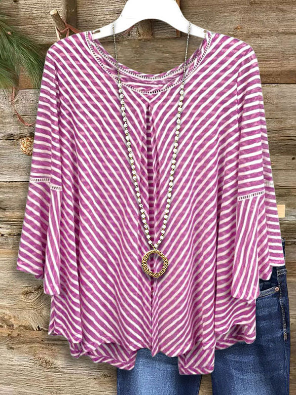 Striped Ruffle Sleeve Casual Blouse