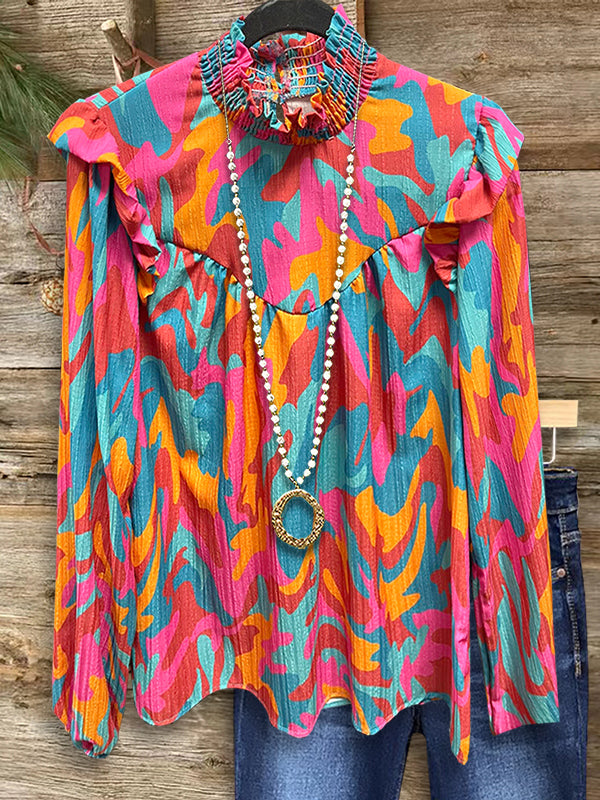 Colorful Abstract Print Ruffled Blouse