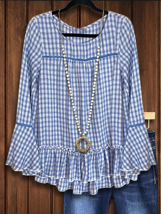 Classic Plaid Print Ruffle Sleeve Blouse