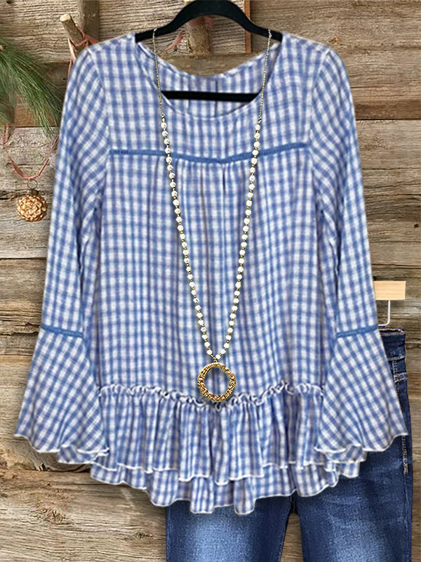 Classic Plaid Print Ruffle Sleeve Blouse