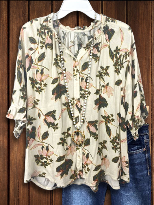 Natural Floral Ruffle Casual Blouse