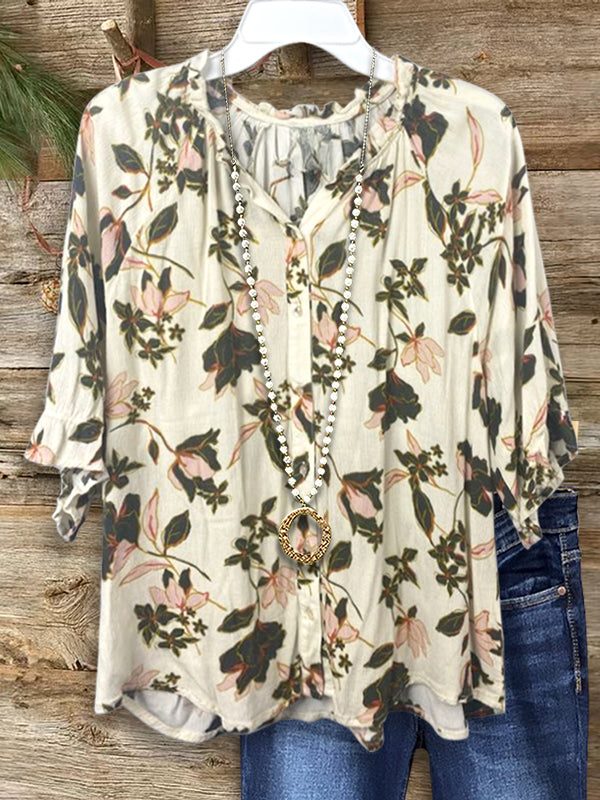 Natural Floral Ruffle Casual Blouse