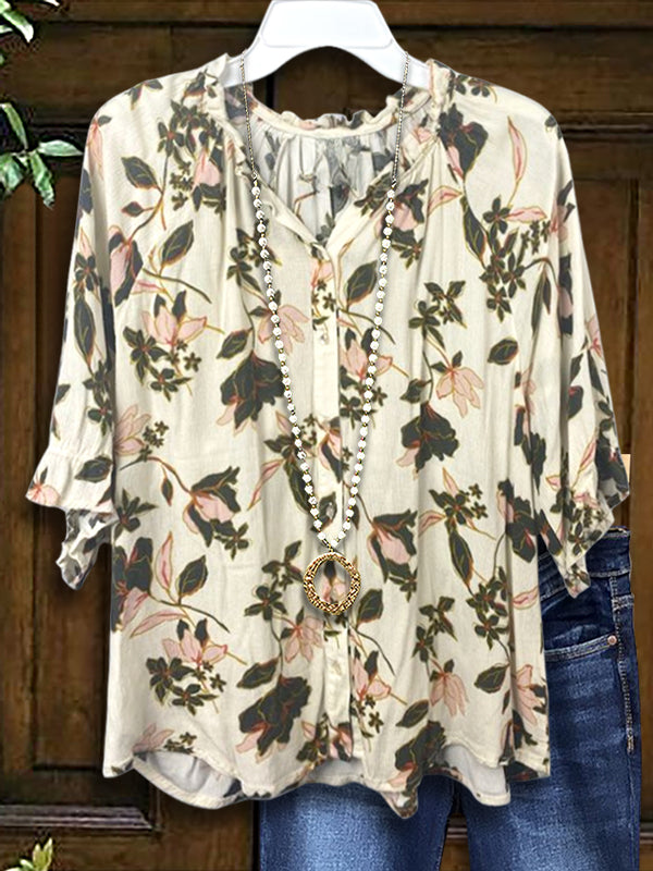 Natural Floral Ruffle Casual Blouse