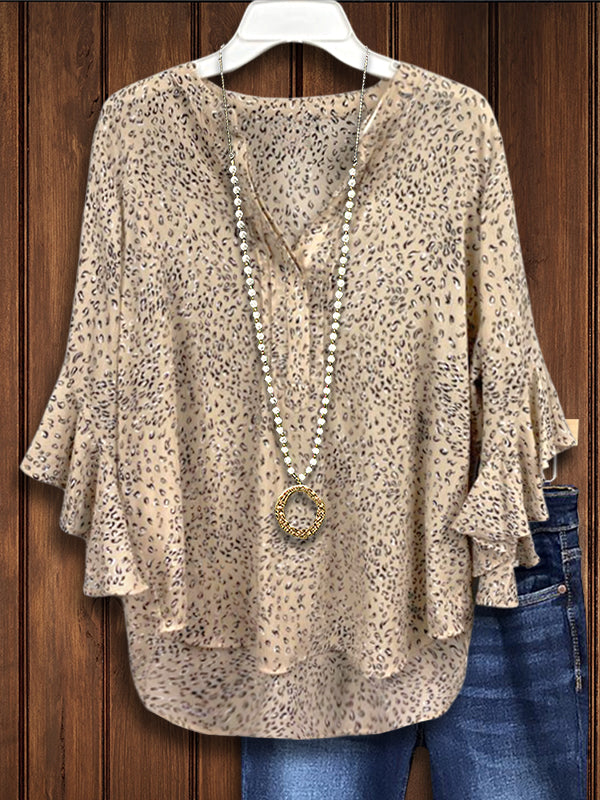 Classic Leopard Print Ruffle Sleeve Blouse