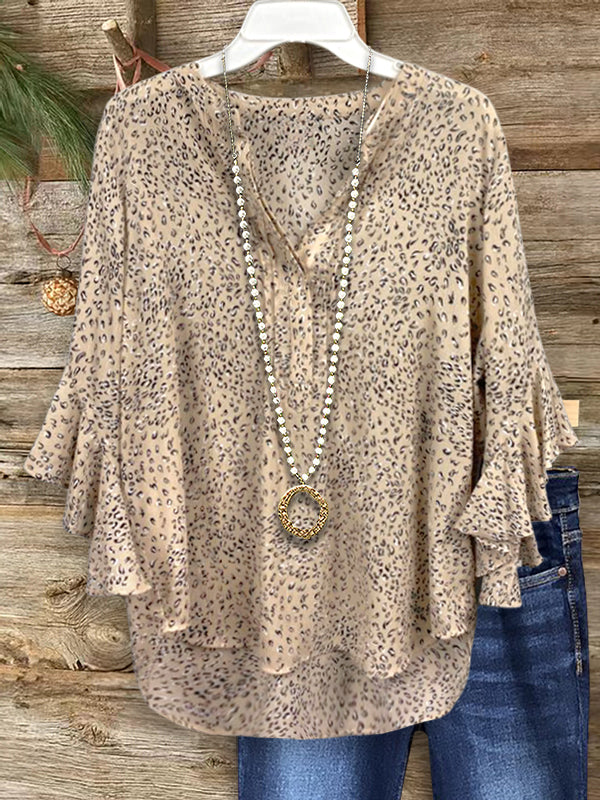 Classic Leopard Print Ruffle Sleeve Blouse