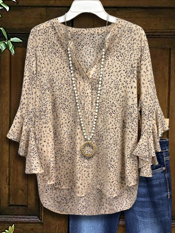 Classic Leopard Print Ruffle Sleeve Blouse