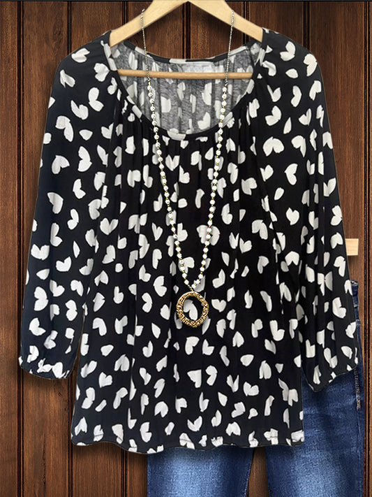 Black And White Heart Print Casual Blouse