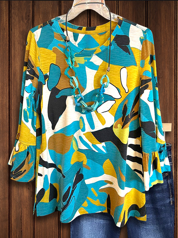 Abstract Color Block Print Ruffled Blouse