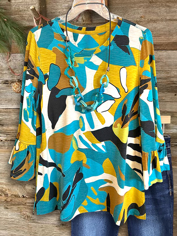 Abstract Color Block Print Ruffled Blouse