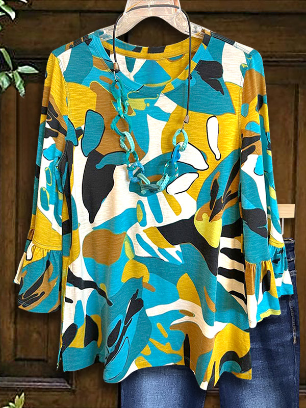 Abstract Color Block Print Ruffled Blouse