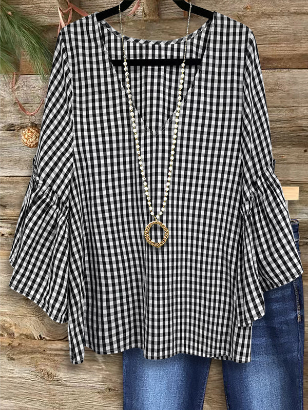 Classic Plaid Ruffle Sleeve Blouse