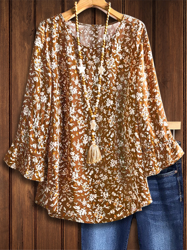 Classic Floral Print Ruffle Sleeve Blouse