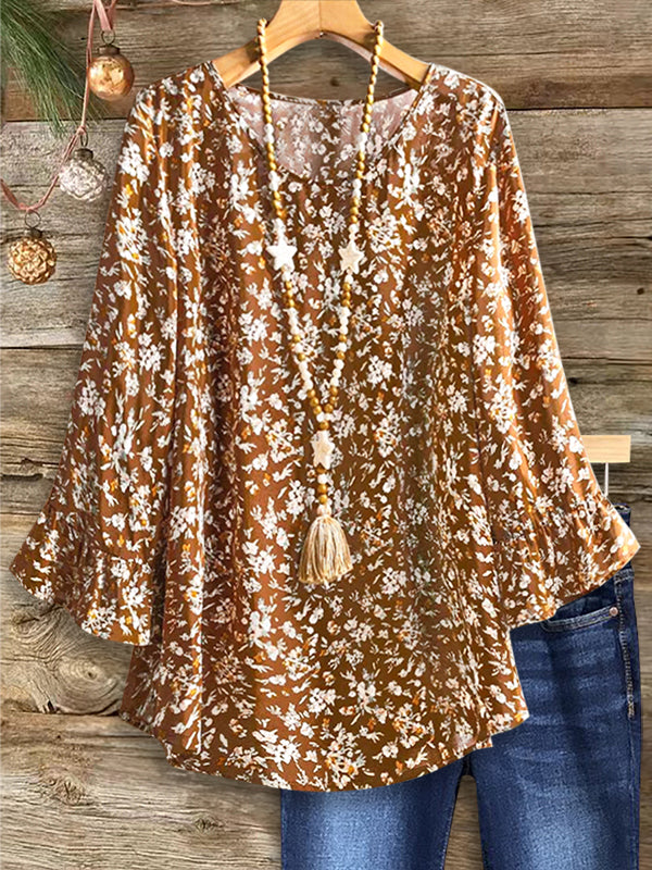 Classic Floral Print Ruffle Sleeve Blouse