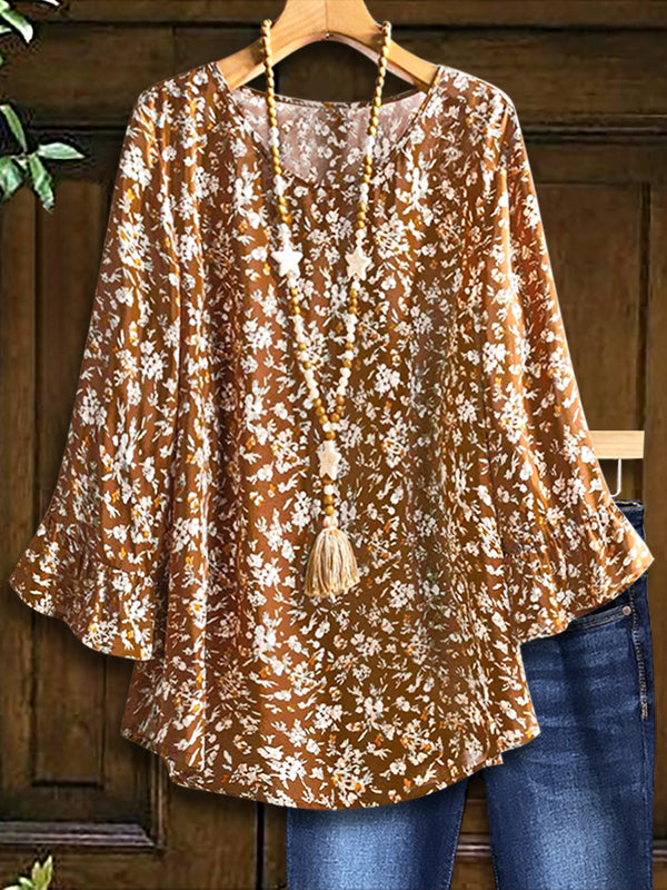 Classic Floral Print Ruffle Sleeve Blouse