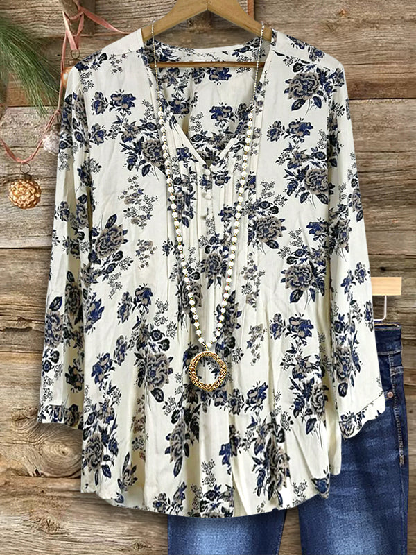 Vintage Floral Pleated Casual Blouse